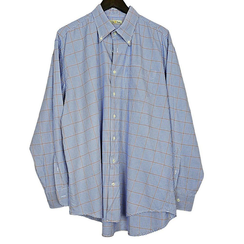 𝅺Peter Millar Button Down in Blue, Orange & White Plaid Size XL